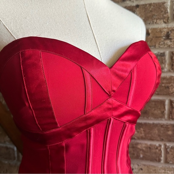 VTG Y2K 2000s Bright Cherry Red Satin Trim Silk Strapless Bustier Corset Top - Picture 5 of 8